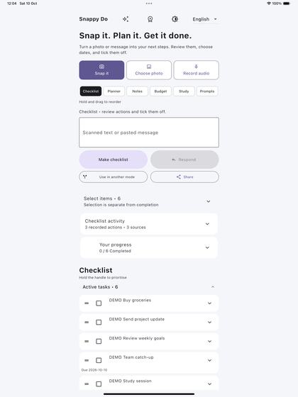 Checklist on iPad showing six demo tasks, such as buy groceries and send project update, each with a tick box and a handle for reordering, under a progress summary of 0 of 6 completed.